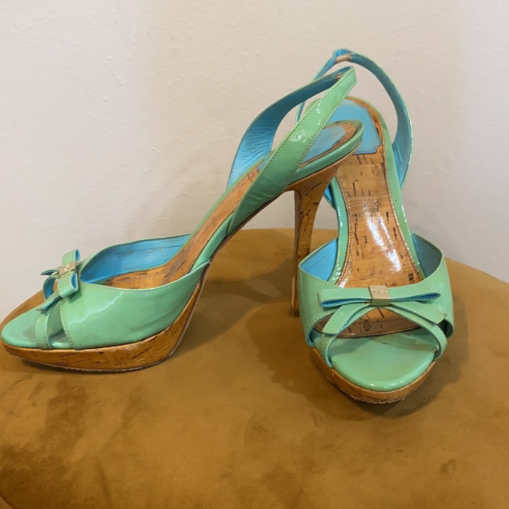 Christian Dior Classic Blue-Green Bow Tie Sandals Heels | Size 37.5 - Picture 2 of 4
